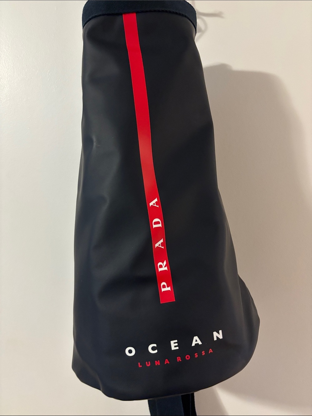 Prada Black/Navy Backpack with Red Vertical Stripe